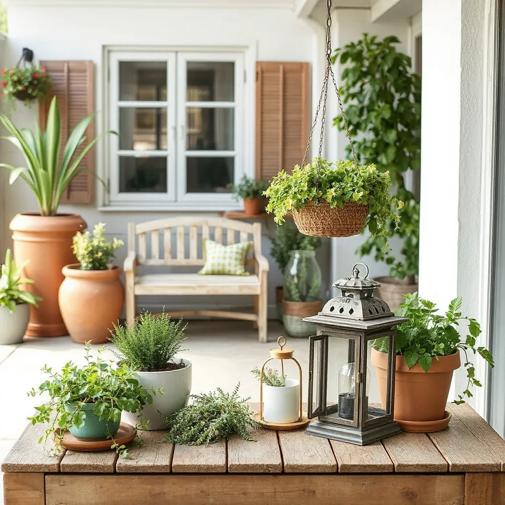 Bright patio with green planters, a hanging basket, and decorative lantern for home garden decor styling