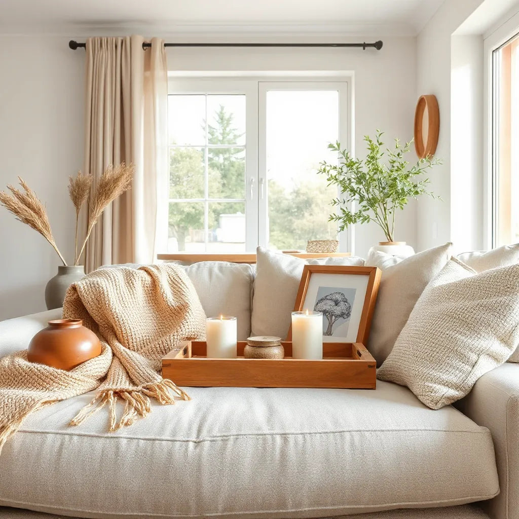 Handcrafted ceramics, woven textiles, and candles styled on a neutral sofa and wooden tray