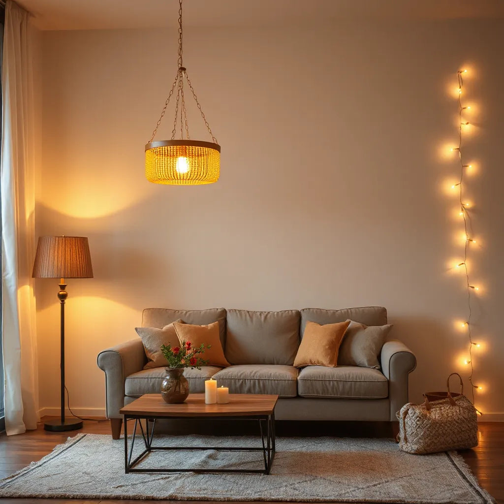 Warm decorative lights glowing in a cozy living room with a sofa, lamp, and subtle string lights