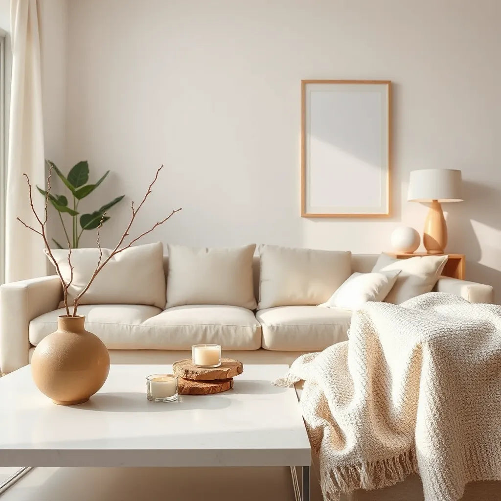 Modern decor on a neutral console, featuring a vase, candle holder, and minimalist framed art
