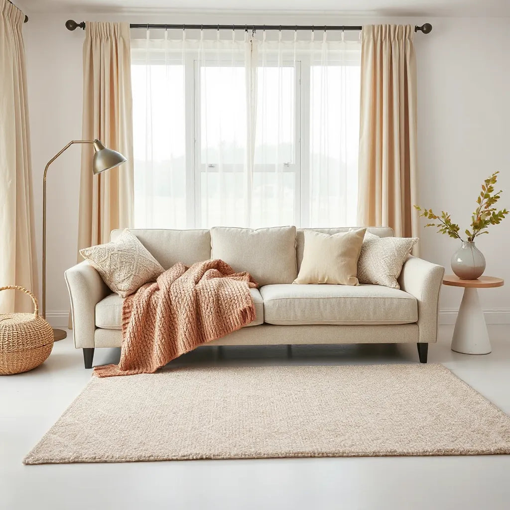 Cozy living room with layered cushions and throws, elegant curtains, and a patterned rug