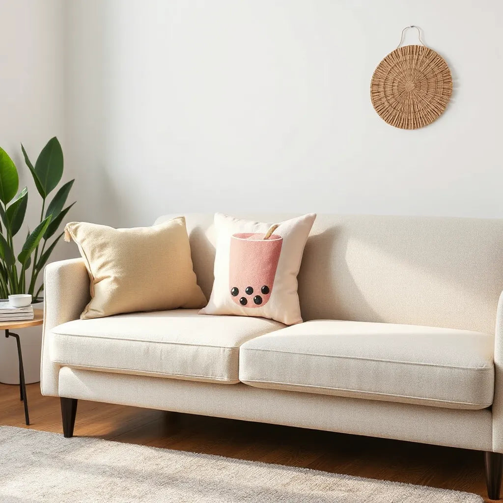 A pastel bubble tea themed plush pillow on a light sofa with warm natural window light