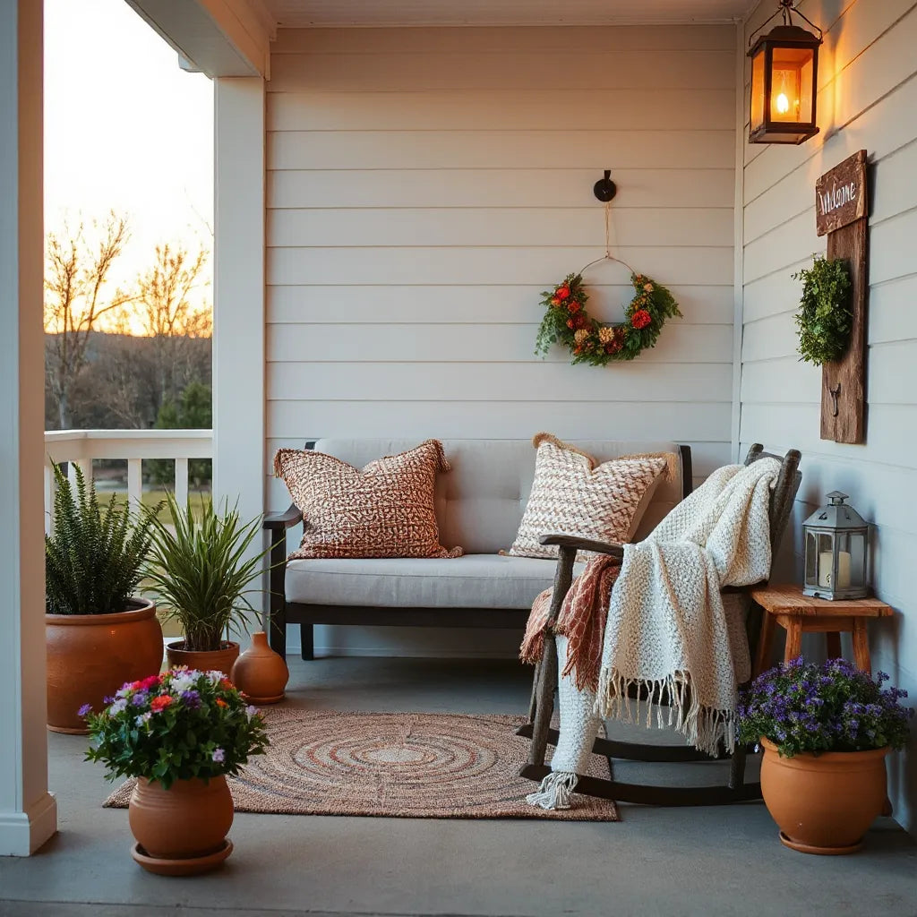 Warm, inviting porch with layered pillows, lantern light, and potted plants for a cozy seasonal feel