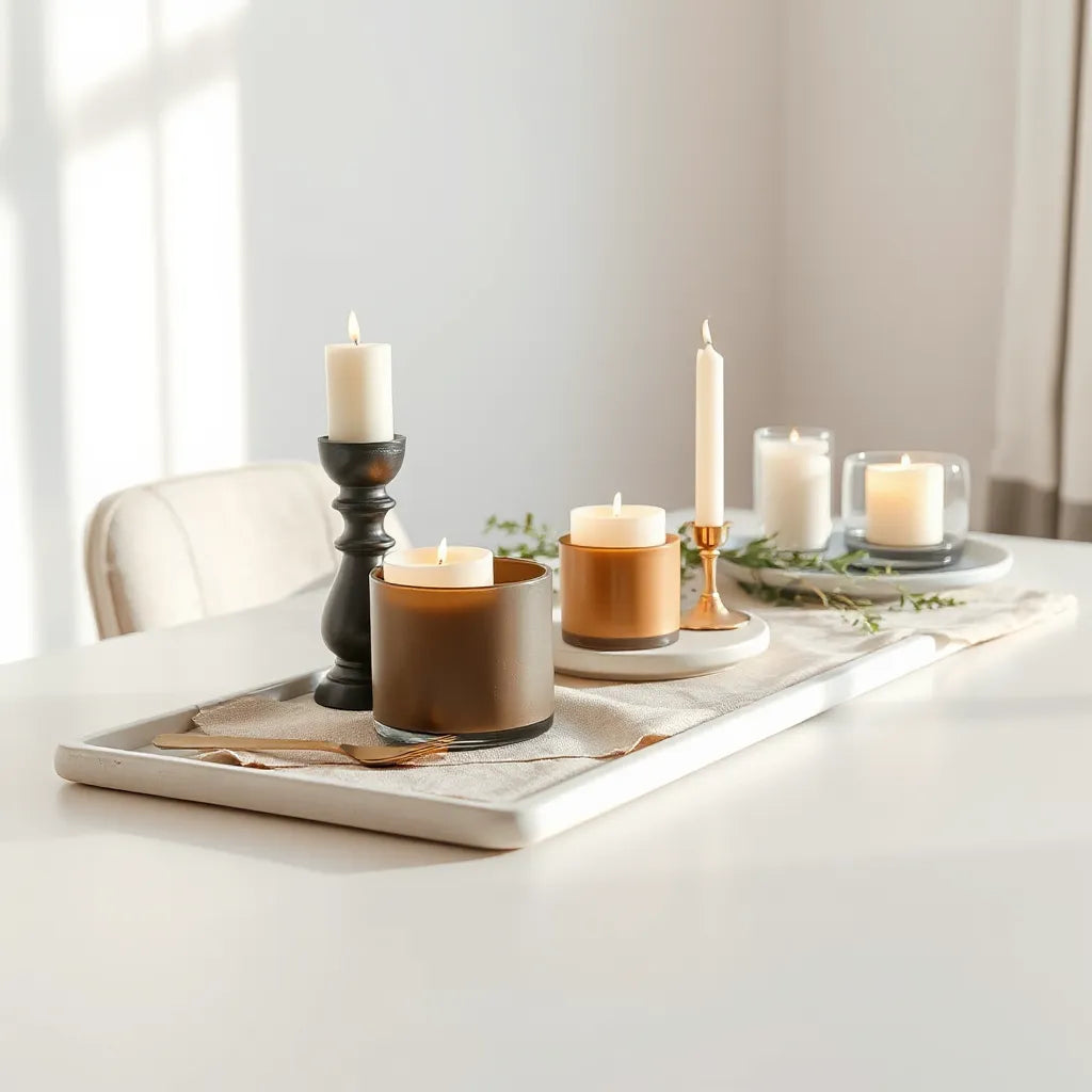 A curated set of modern candle holders with taper and pillar candles on a neutral tabletop