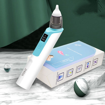 Blue nasal aspirator standing beside its retail box on a marble surface