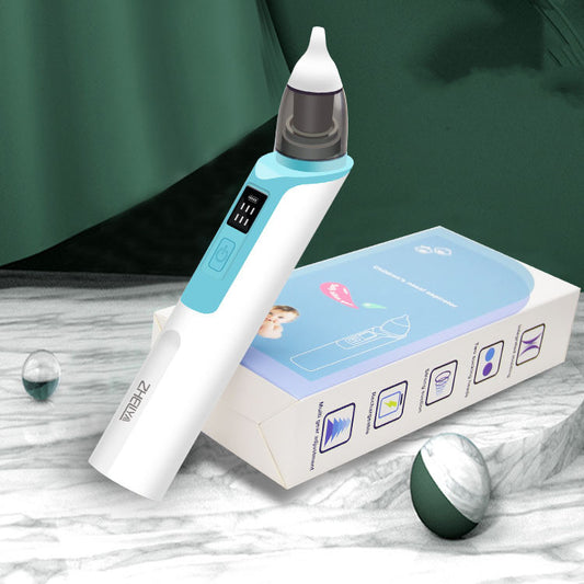 Blue nasal aspirator standing beside its retail box on a marble surface