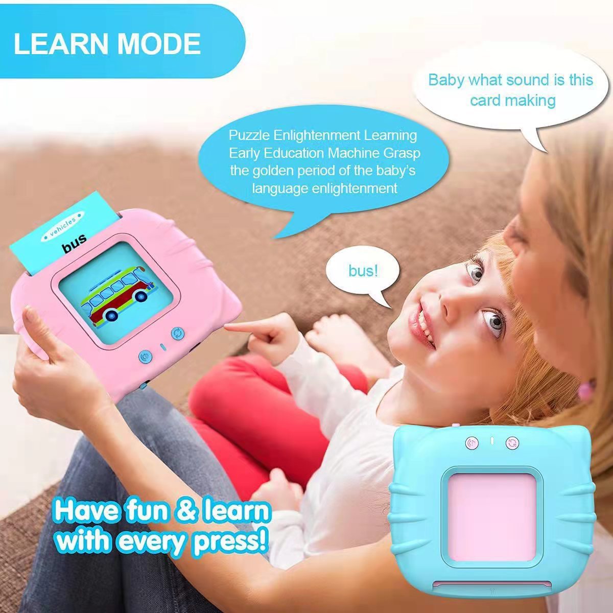 Parent and toddler on a sofa using the pink talking flash card machine together, the child naming the bus card aloud