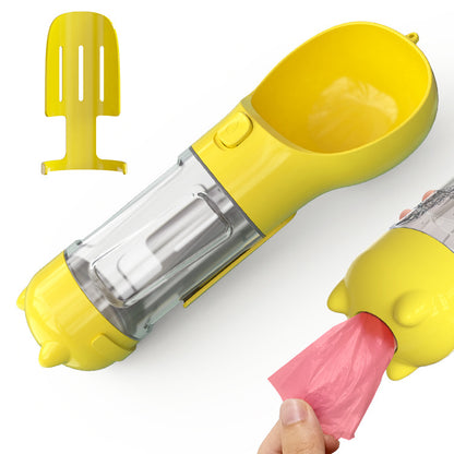 Portable dog water bottle clipped to a leash for hands-free dog walking
