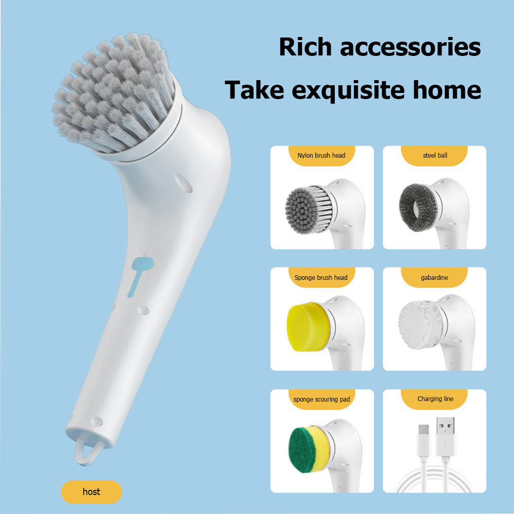 Electric spin scrubber shown with its five brush heads and USB charging cable