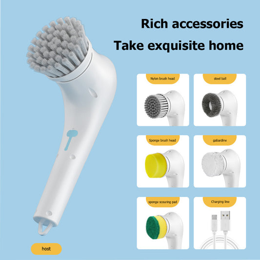 Electric spin scrubber shown with its five brush heads and USB charging cable