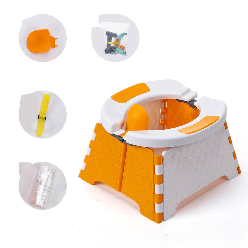 Foldable potty seat folded flat and compact for storage in a diaper bag or car