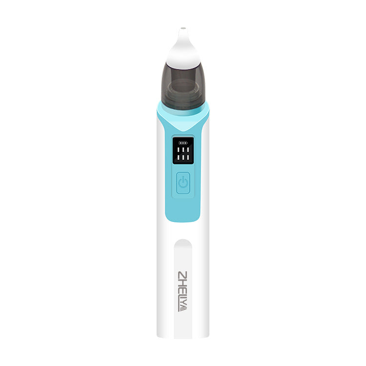 Blue electric nasal aspirator front-on, with the six-level display and single-button control