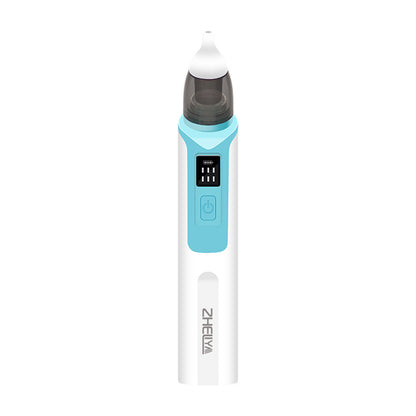 Blue electric nasal aspirator front-on, with the six-level display and single-button control