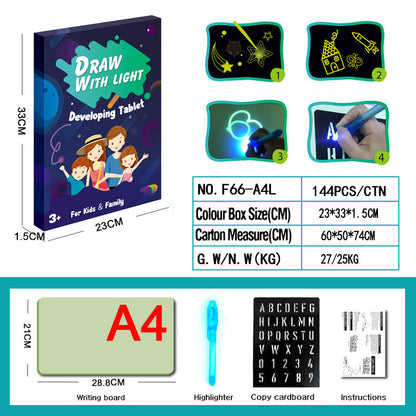Magic glow drawing board with included accessories