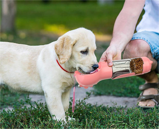 3-in-1 portable dog water bottle with feeder compartment and waste bag dispenser