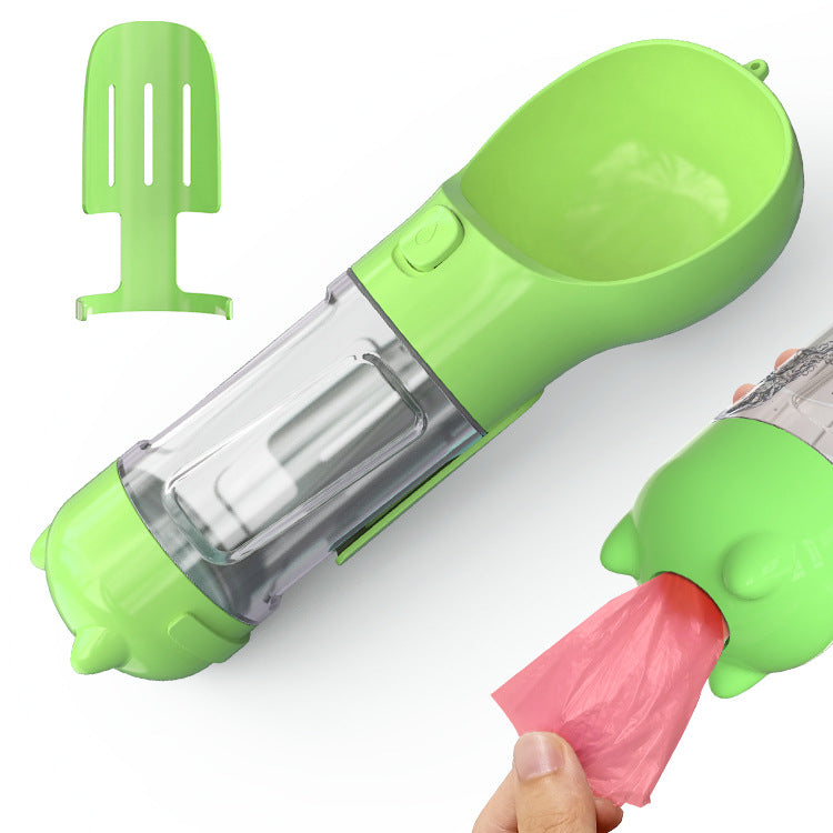 Waste bag dispenser compartment on portable dog water bottle