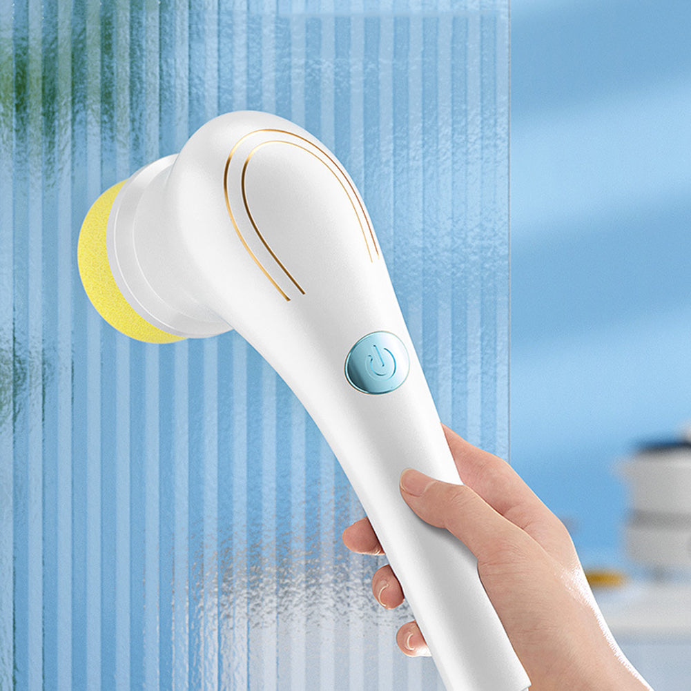 Electric spin scrubber being used to clean a bathroom surface