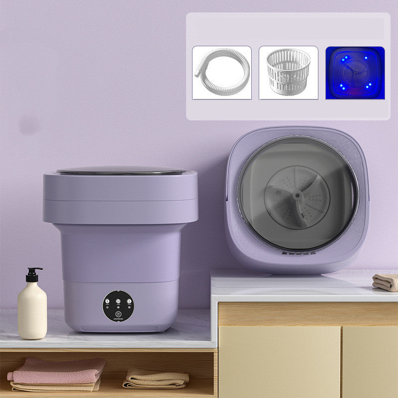 Purple foldable washing machine with inset images of the included drain pipe, drain basket and blue light drum