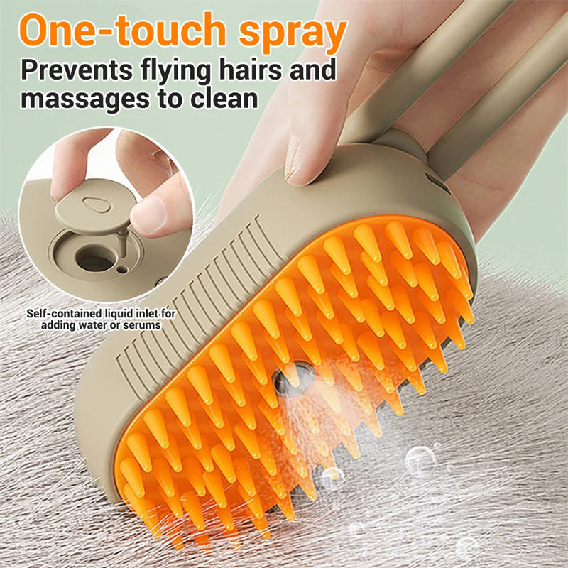 Close-up of steam mist releasing from an electric pet grooming brush