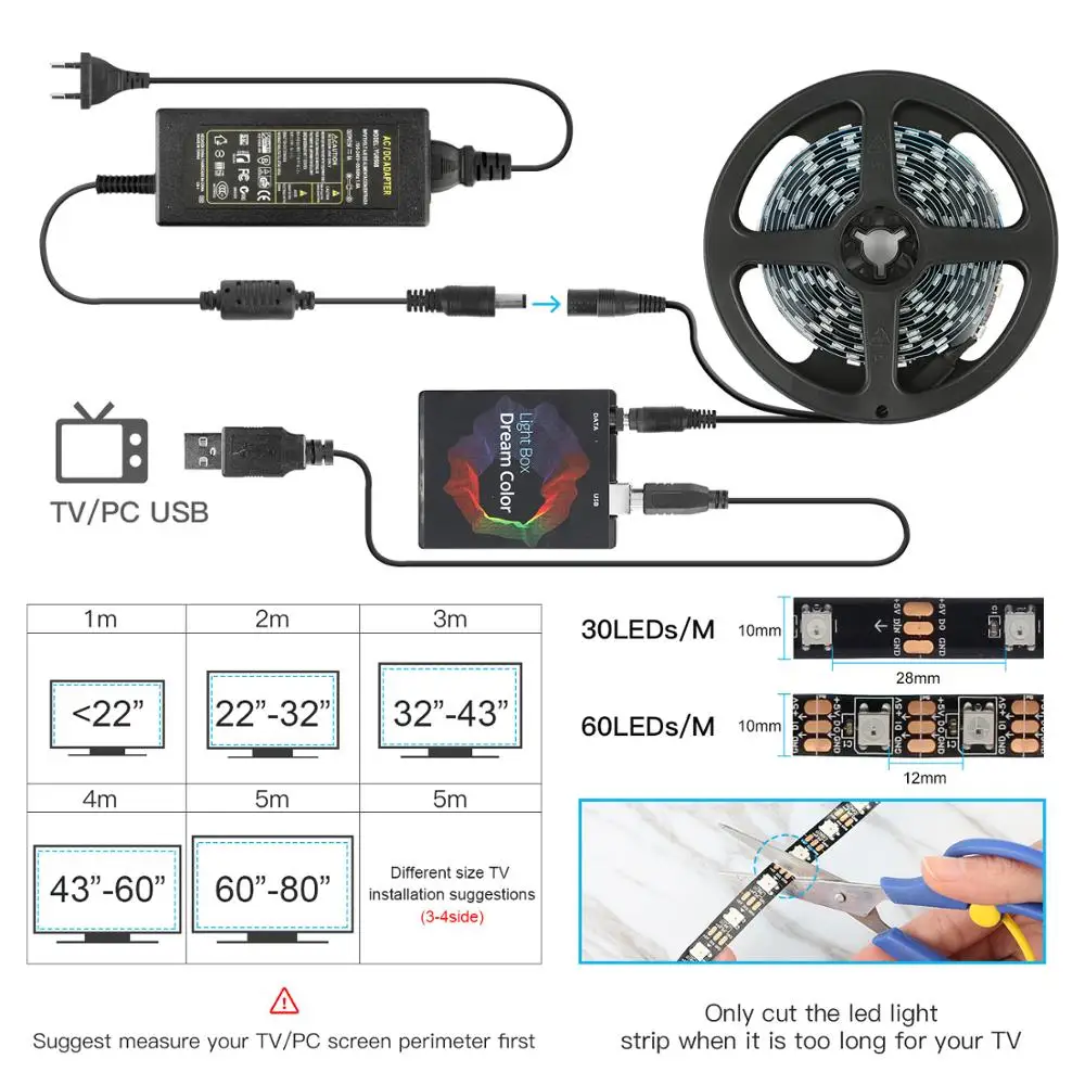 DIY Ambient TV PC Dream Screen USB LED Strip HDTV Computer Monitor Backlight Addressable WS2812B LED Strip 1/2/3/4/5M Full Set