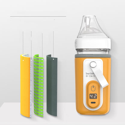 Cutaway of the yellow bottle warmer showing the outer sleeve, heating layer and inner lining
