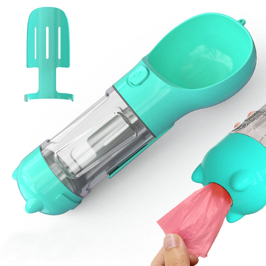 Portable pet water bottle shown in blue, green, pink, and yellow color options