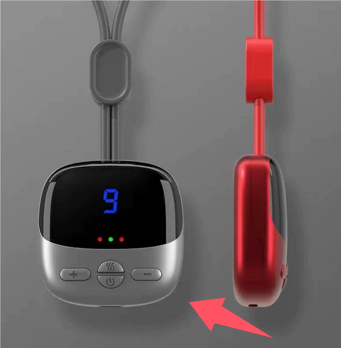 USB rechargeable neck massager shown with its charging cable