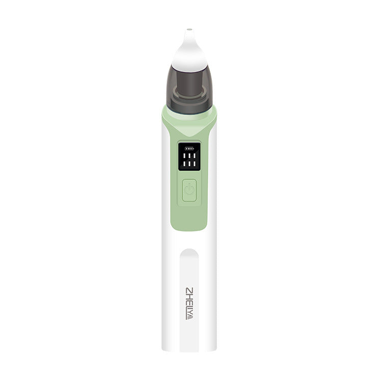 Green electric nasal aspirator shown upright with its LED suction-level display and power button
