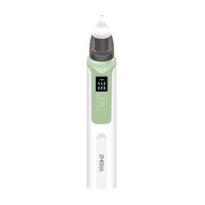 Green electric nasal aspirator shown upright with its LED suction-level display and power button