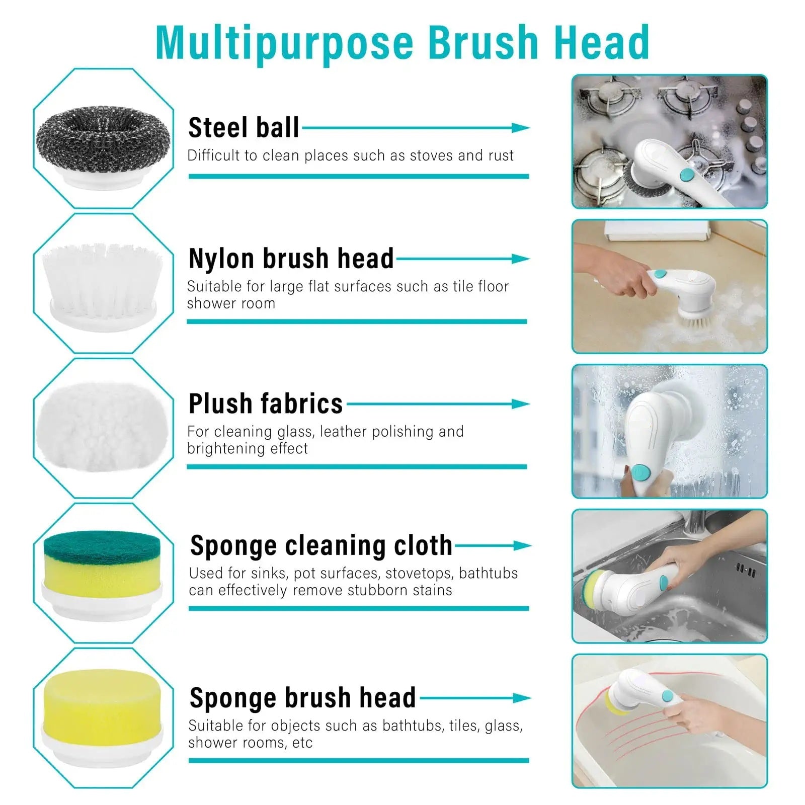 Cordless electric spin scrubber with nylon brush head fitted