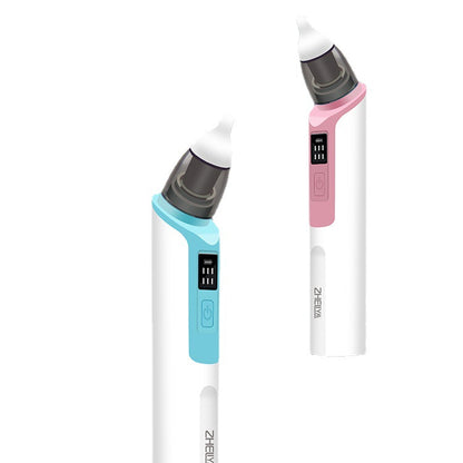 Blue and pink electric nasal aspirators angled side by side, showing the soft silicone tips