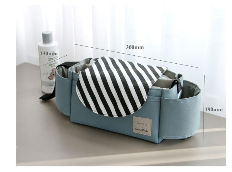 Stroller organiser bag shown with dimension measurements, 300mm long and 190mm tall, beside a bottle