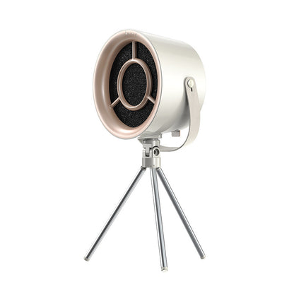 Milky white extractor fan on its adjustable tripod, black carbon filter visible behind the rose-gold front ring
