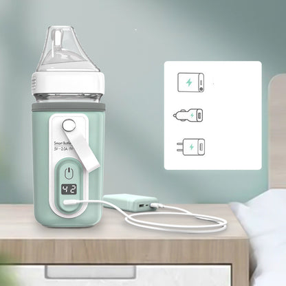 Green bottle warmer on a bedside table running from a power bank, with car and plug adapter icons