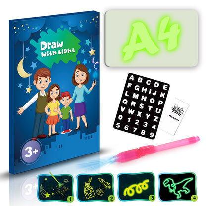 Child using magic light-up drawing board in a dimly lit room