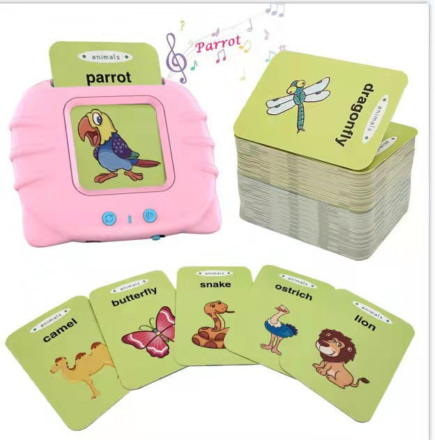 Pink talking flash card machine reading the word parrot aloud, with green animal cards for camel, butterfly, snake, ostrich and lion fanned out below
