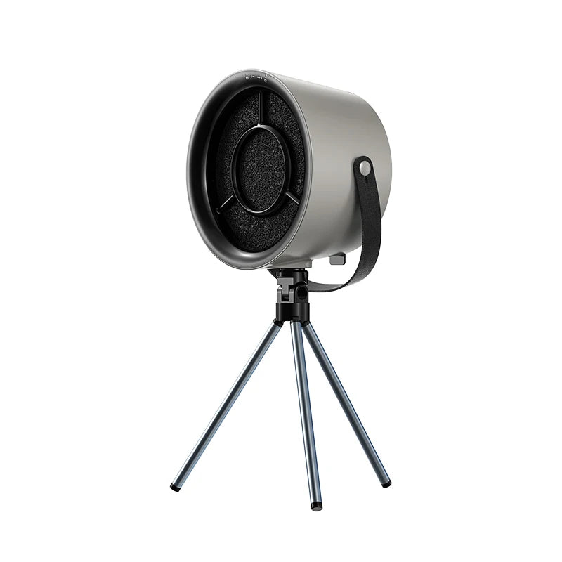 Black gray extractor fan on its tripod, showing the carbon filter front and side carry strap