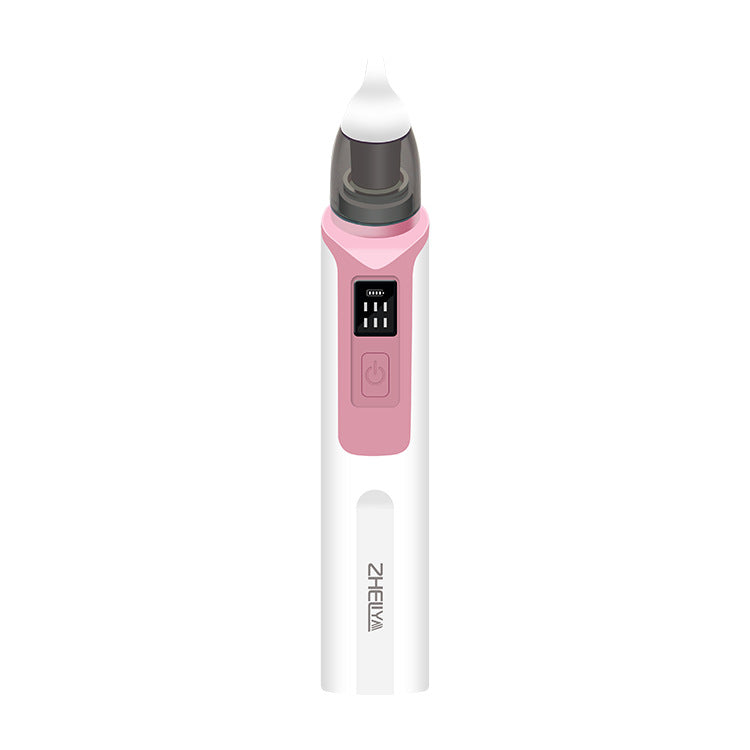 Pink electric nasal aspirator front-on, showing the LED display and rounded silicone tip
