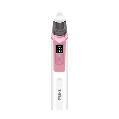 Pink electric nasal aspirator front-on, showing the LED display and rounded silicone tip