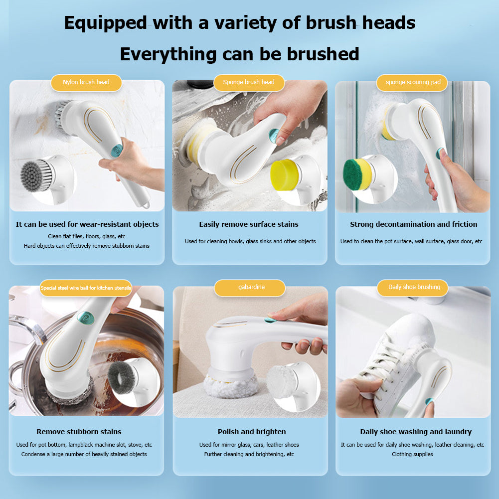 Chart showing the electric scrubber's brush heads and their uses on tile, sinks, pots, glass and shoes