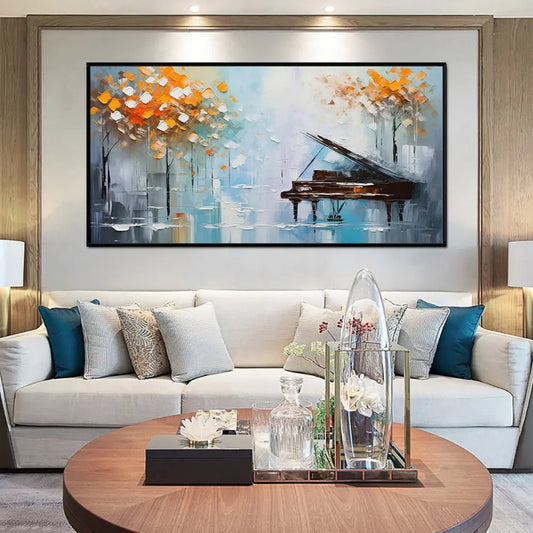 Hand-painted abstract tree landscape oil painting displayed above a sofa with blue and orange decor accents