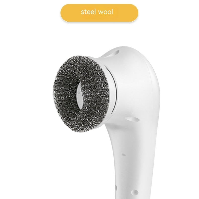Steel wool brush head attached to the white electric spin scrubber