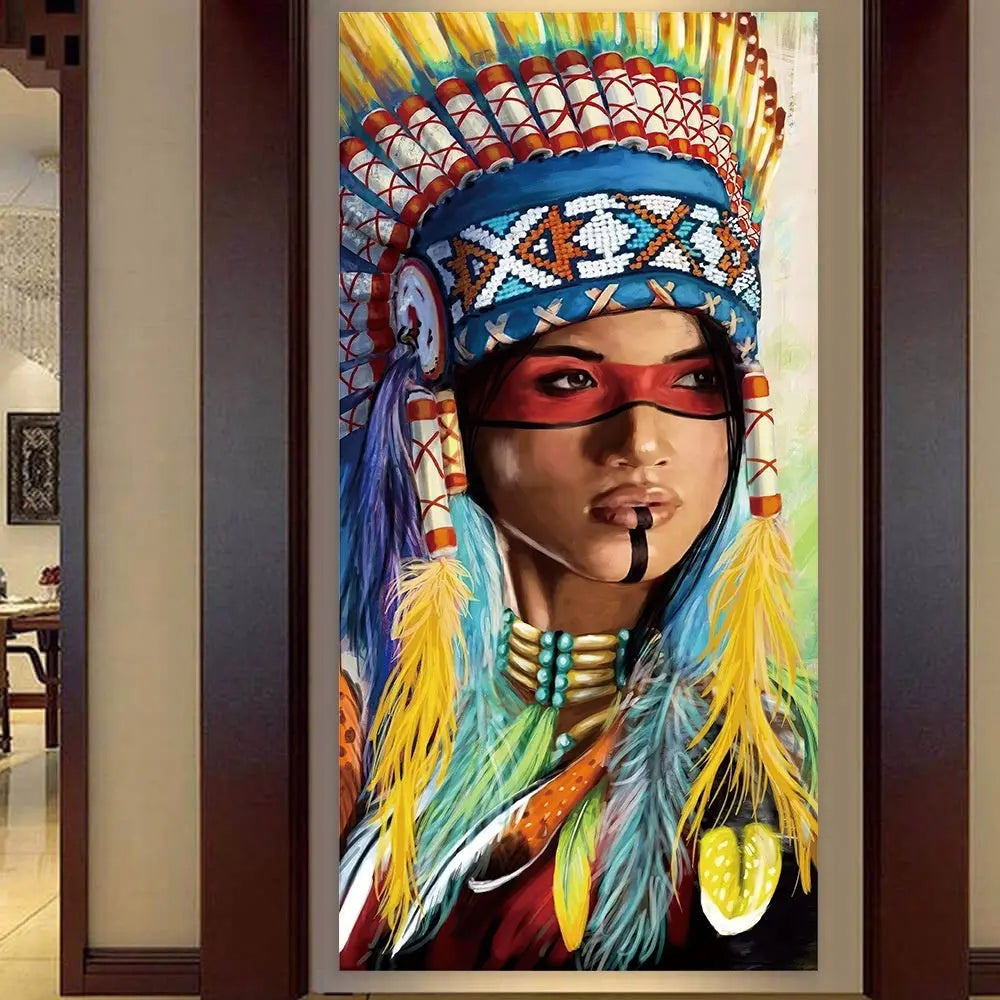 Colorful airbrushed canvas wall art portrait displayed in a dark wood-framed hallway