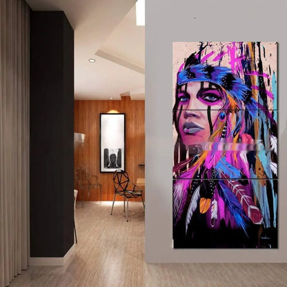 Colorful airbrushed canvas wall art portrait displayed in a dark wood-framed hallway, first angle