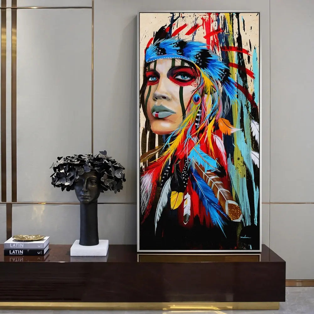 Colorful airbrushed canvas wall art portrait displayed in a hallway, alternate angle