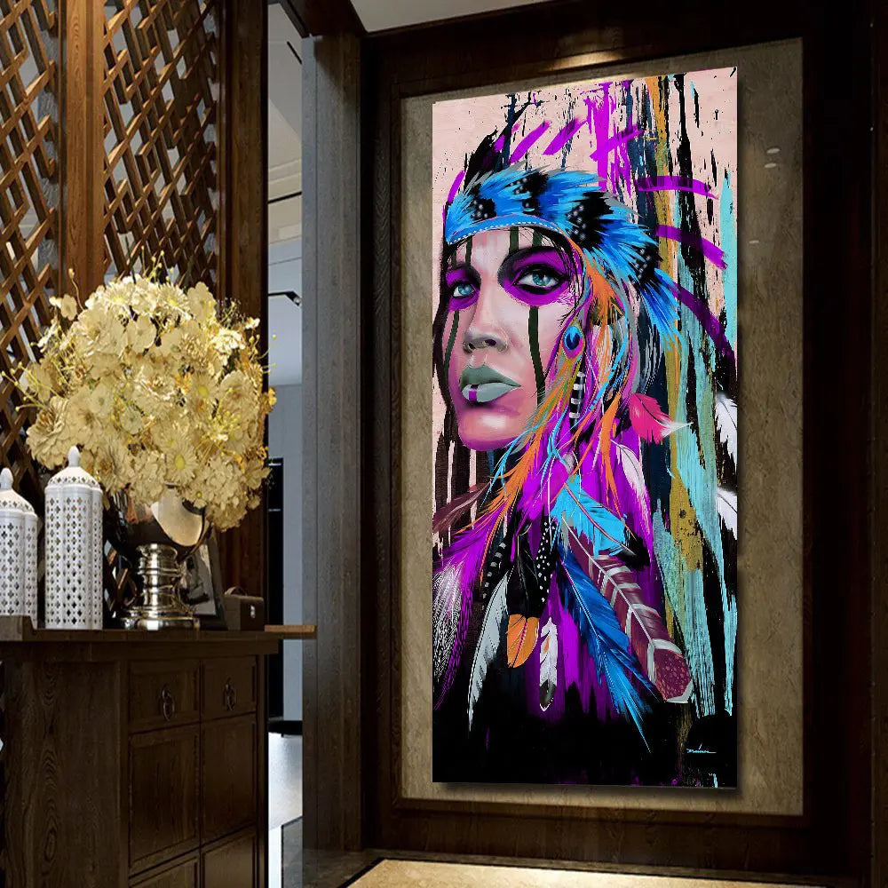 Colorful airbrushed canvas wall art portrait styled in a room setting