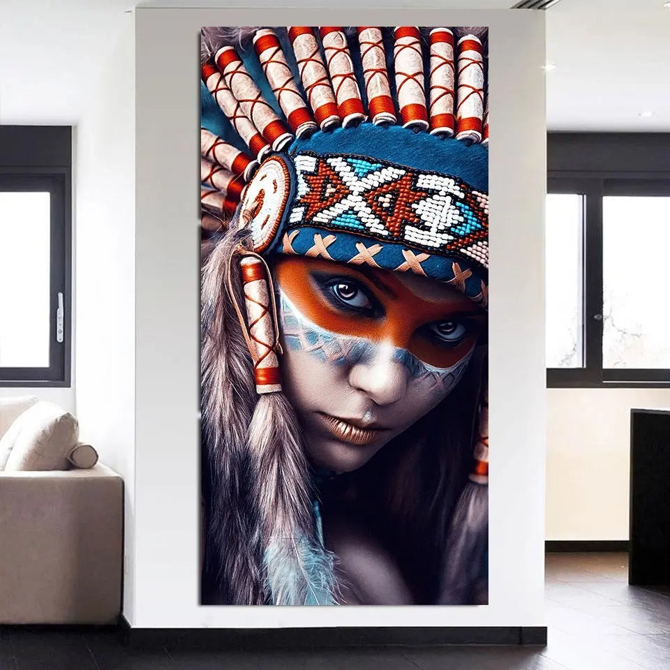 Colorful airbrushed canvas wall art portrait displayed against a plain white wall