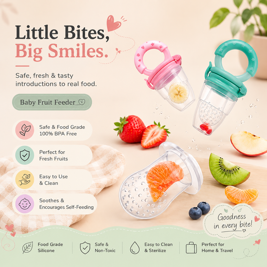 Pink and teal silicone baby fruit feeders holding banana and berries beside fresh strawberry, kiwi and apple, with features listed: food grade silicone, easy to use and clean, encourages self-feeding