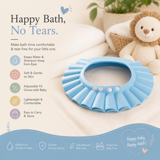 Blue adjustable baby shampoo cap on a folded towel, with features listed: keeps water and shampoo away from eyes, soft on skin, adjustable fit, lightweight, easy to store