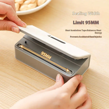 Hand pressing the portable bag sealer along a snack bag edge to demonstrate use